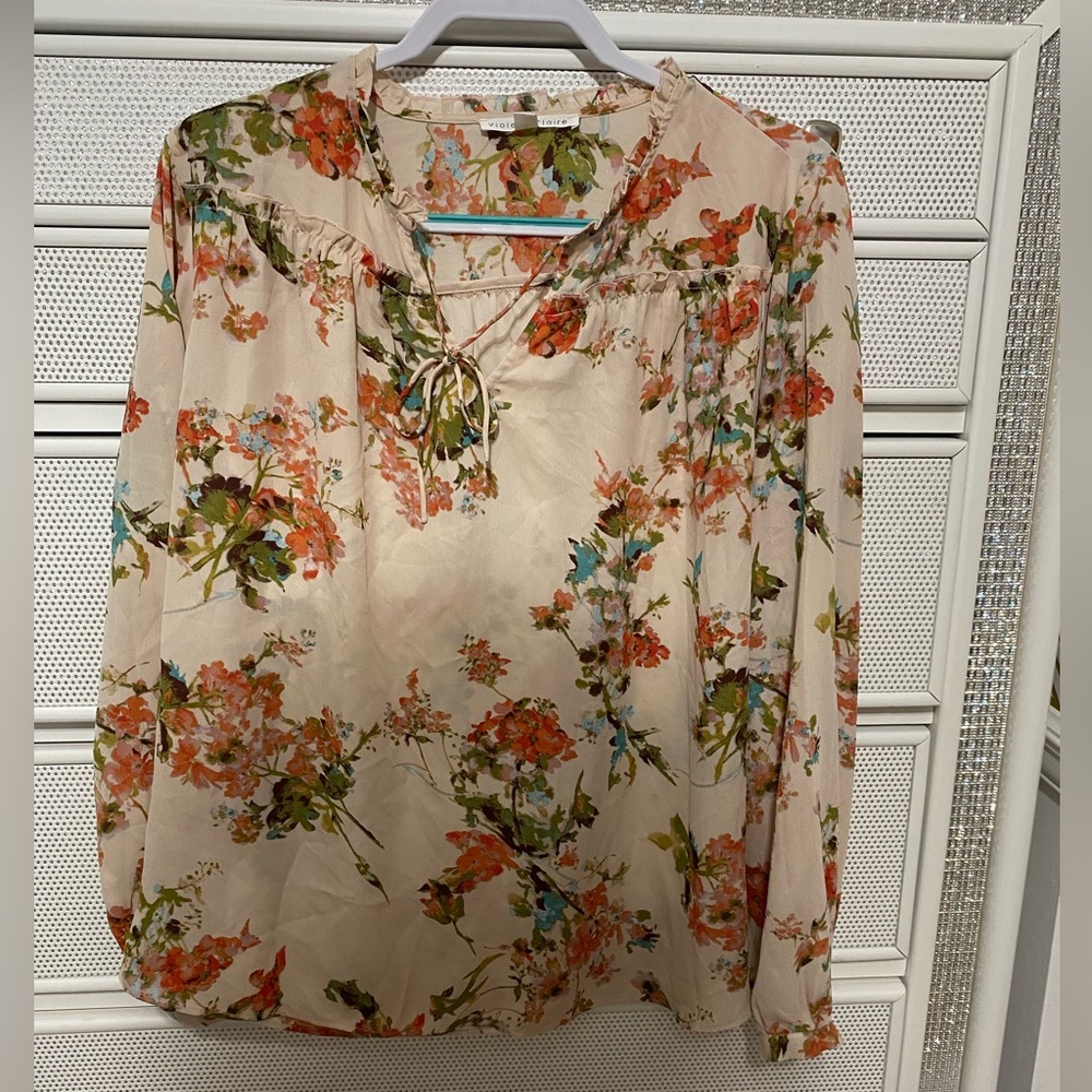 Violet Claire Womens Blouse Top Shirt Floral Long Sleeve Ruffle Tie